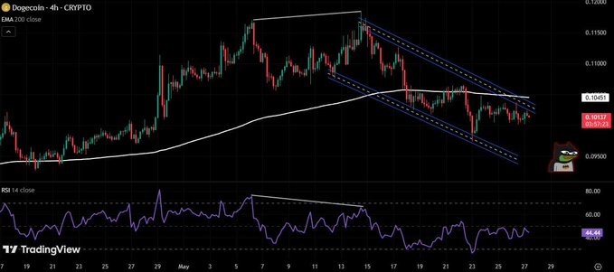 The image features a cryptocurrency chart with a blue line that indicates Bitcoin, and a downward trend. There's also an overlay of text next to the chart reading "DOGE has been chilling inside a descending channel to cool off the indicators", which is related to the current market behavior of Bitcoin. Another overlay shows "$0.1" for a meme coin indicating Bitcoin's price at the top left corner, and another one displays "$200 EMA". The main focus should be on understanding what this chart signifies about the Bitcoin market trends.
