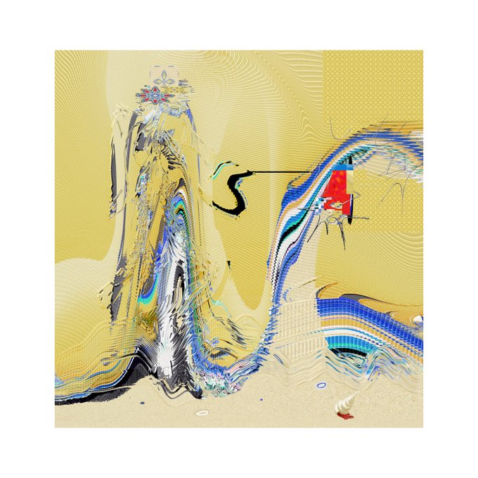 An abstract digital artwork featuring distorted, glitch-like forms with vibrant blue, red, and yellow hues set against a patterned yellow background. The piece accompanies the "Gm" (good morning) greeting, serving as a visually striking, artistic way to start the day in a Web3 or digital art community.