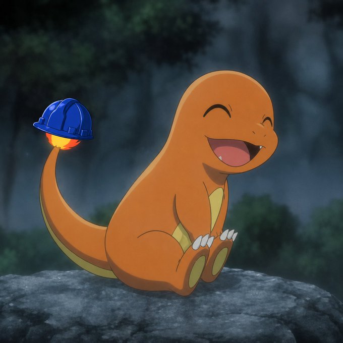 An illustration of the Pokémon Charmander sitting on a rock with a happy expression, using its tail flame to hold up a small blue construction hard hat.