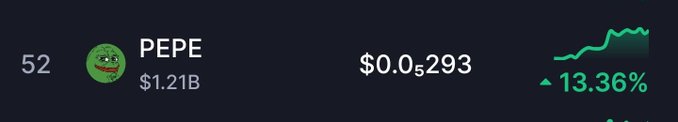 A price ticker shows PEPE (meme coin) at $0.00005293, up 13.36% with a $1.21B market cap, paired with an upward green chart trend—supporting the post's claim that PEPE is in early bull market territory and worth accumulating.