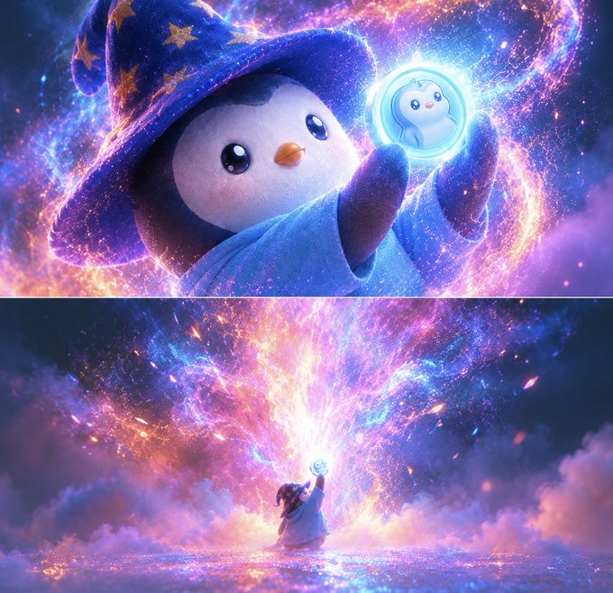 Two-panel fantasy illustration featuring a cute character in a wizard hat holding a glowing blue orb with a small creature inside, surrounded by vibrant magical cosmic energy.
