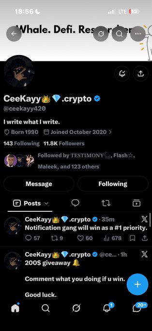 A Twitter/X profile screenshot of CeeKayy (@ceekayy420) displaying 11.8K followers, bio reading 'I write what I write,' and recent posts including a '200$ giveaway' tweet.