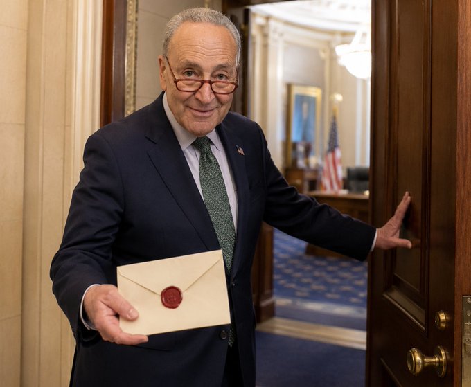 Senate Majority Leader Chuck Schumer, dressed in a dark suit and green tie, smiles as he holds out a wax-sealed envelope while opening a wooden door in a Capitol hallway. The image accompanies a post suggesting his nominee submission to the White House signals ongoing negotiations around the Clarity Act and crypto policy.