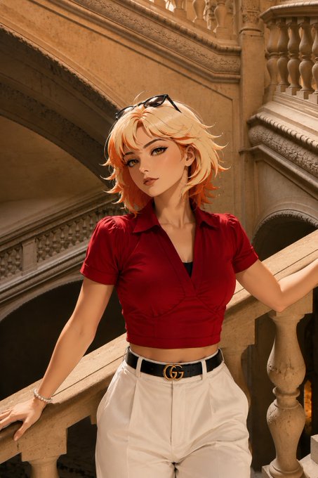 Anime-style illustration of a blonde woman wearing a red crop top, white pants with a Gucci belt, and sunglasses on her head, posing on an ornate stone staircase.