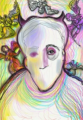 A vibrant, multicolored sketch of a pale figure with small angelic cherubs flying around its head, rendered in bright pastel rainbow hues.