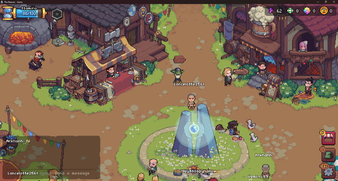 The image shows a video game scene with a group of people gathered around an area, possibly a village or town square. The players are engaged in a game that involves managing their characters within this setting. There are several characters present, including one who appears to be a leader and others who seem to be followers. A large blue rock is located at the center of the scene, which could serve as an important landmark or focal point for the game. The players appear to be interacting with each other in various ways, such as talking or making decisions that affect their characters' actions within the game.