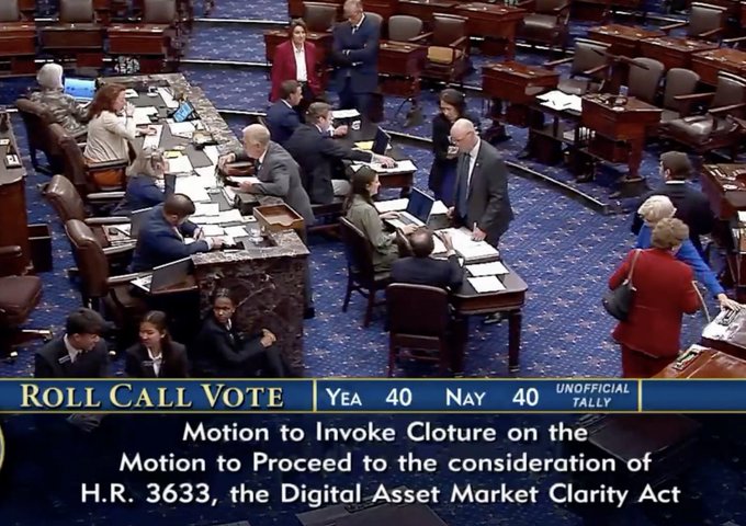 A screenshot from a U.S. Senate floor showing a roll call vote with the text 'ROLL CALL VOTE', 'YEA 40 NAY 40 UNOFFICIAL TALLY', and 'Motion to Invoke Cloture on the Motion to Proceed to the consideration of H.R. 3633, the Digital Asset Market Clarity Act'.