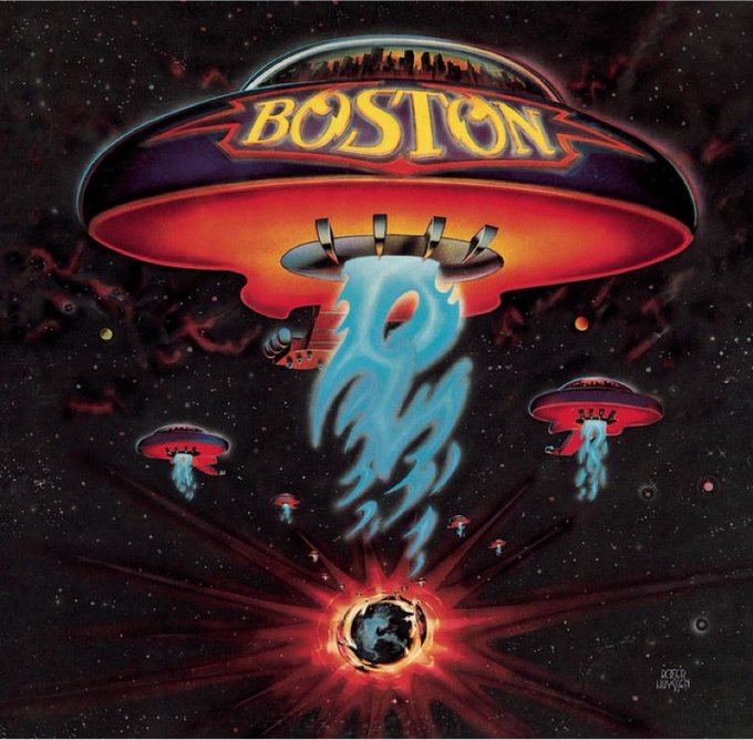 This is the cover art for Boston's 1976 self-titled debut album, featuring the iconic illustration of multiple futuristic spaceships abducting Earth with a blue energy beam, with a Boston city skyline visible inside the top UFO. The image relates to "Peace of Mind" — the song's title — by depicting an otherworldly, surreal scene that evokes themes of escapism and transcendence through mind-altering imagery, fitting the track's airy, dreamlike hard rock sound.