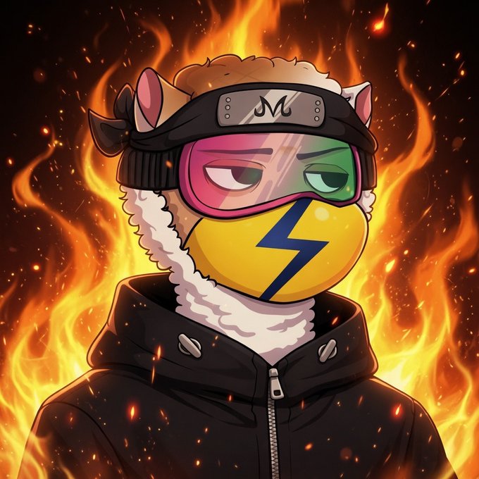 An anime-style illustration of a character wearing a black headband with an 'M' symbol, colorful goggles, and a black jacket, surrounded by flames.