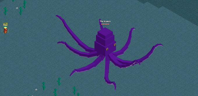 Isometric game scene showing a purple octopus-like creature with a tower-shaped body labeled 'The Kraken' floating above the water with tentacles spread out.