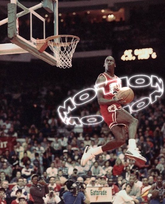 Michael Jordan, wearing his red #23 Chicago Bulls jersey, is captured mid-air performing a slam dunk, with the word 'MOTION' overlaid in a glowing font.