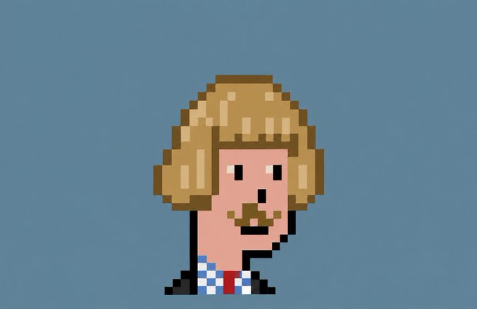 A pixel art portrait of a blonde-haired man with a mustache wearing a checkered shirt and red tie on a blue background.