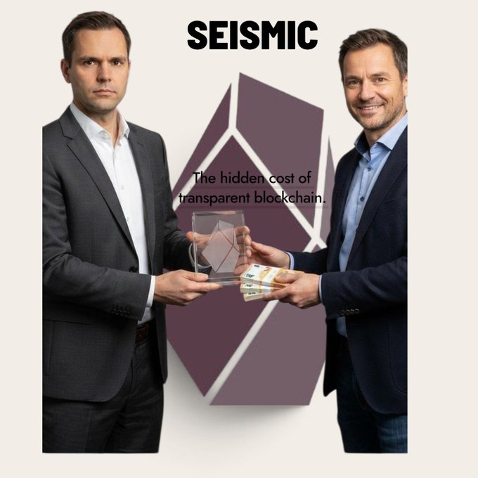 A graphic featuring two men in suits holding a transparent block and cash, with the text 'SEISMIC' and 'The hidden cost of transparent blockchain.'