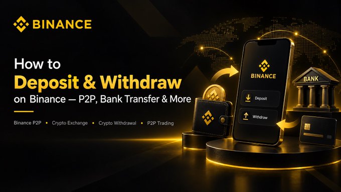 The image is a Binance-themed banner with a black and gold color scheme, featuring the Binance logo at the top left and the heading "How to Deposit & Withdraw on Binance — P2P, Bank Transfer & More," along with tags like "Binance P2P," "Crypto Exchange," "Crypto Withdrawal," and "P2P Trading." It visually displays a smartphone showing Deposit and Withdraw options, a wallet, a bank icon, and a credit card, connected by arrows illustrating the flow of funds, which directly supports the post's message about understanding the different routes for moving funds on a crypto exchange like Binance P2P.
