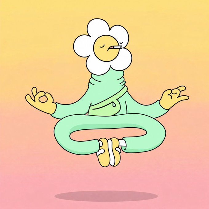 A cartoon character with a flower head meditates peacefully in a cross-legged lotus position with mudra hand gestures, floating against a warm sunset gradient. The serene, balanced pose visually reinforces the post's message about staying consistent and grounded throughout the day.