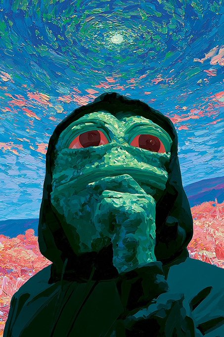 A hooded figure wearing a green mask with glowing red eyes, rendered in a swirling, impressionistic Van Gogh-like style.