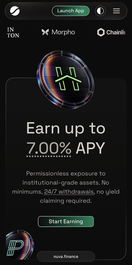 A mobile dark-mode landing page for nuva.finance advertising 'Earn up to 7.00% APY' with permissionless exposure to institutional-grade assets, featuring Morpho and Chainlink (Chainli) logos and a 'Start Earning' button.