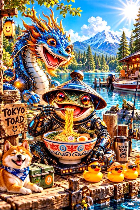 A vibrant, surreal digital artwork features a samurai frog and a dragon enjoying a bowl of ramen in a mountainous lakeside setting, with a Shiba Inu and rubber ducks nearby; signs read 'TOKYO TOAD' and a travel mug says 'Tokyo Toad'.