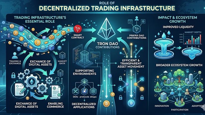 This image depicts a flowchart or diagram illustrating the relationship between different aspects of a centralized trading infrastructure, specifically focusing on the role of Decentralized Trading Infrastructure (DRI) in enabling efficient asset exchange within blockchain ecosystems. The primary symbol used in the diagram is a tron coin icon, which represents TRON DAO's contribution to these systems through its support for transparent and efficient transactions. Additionally, there are text labels below each symbol that explain or describe specific components of DRI.