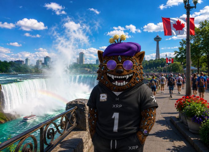 A person wearing an XRP jersey (#1) poses at Niagara Falls in front of Canadian flags and the Skylon Tower, with a tour boat and rainbow visible in the mist — symbolizing the $XRP Army's weekend "reset" after a week of market ups and downs.