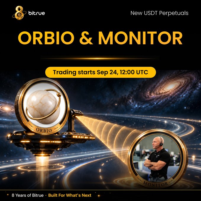 The image is a promotional graphic from Bitrue announcing new USDT Perpetual futures listings for ORBIO and MONITOR tokens, with trading starting September 24 at 12:00 UTC. It features a cosmic-themed design with a space station displaying an "ORBIO" emblem beaming toward a "MONITOR" coin showing a man wearing a headset, captioned "8 Years of Bitrue · Built For What's Next."
