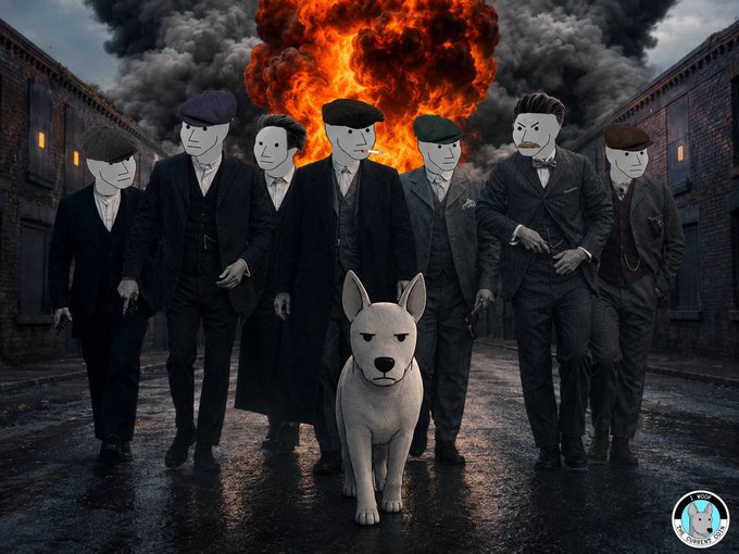 A dramatic illustration of men in suits and flat caps with stylized cartoon faces standing in front of an explosion, accompanied by a white dog.