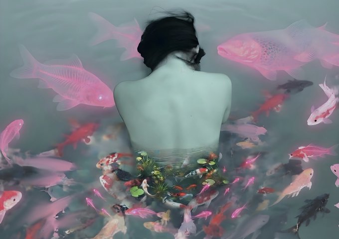 A surreal artistic photograph showing a person from behind, waist-deep in water, surrounded by pink and red koi fish swimming around them, with their lower body blending into aquatic plants and flowers.