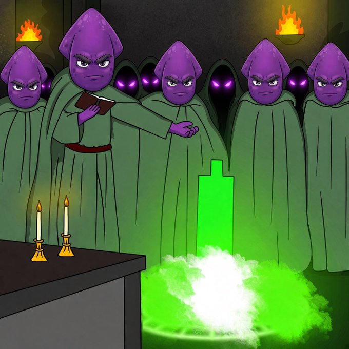 A cartoon illustration of several purple-skinned figures in green robes gathered around a glowing green cauldron or portal, with one holding a book, and two lit candles on a table in the foreground.
