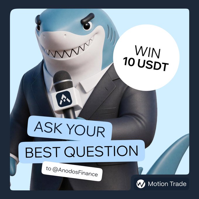 A cartoon shark in a black suit holds a microphone branded with the Motion Trade logo, featuring text bubbles reading "WIN 10 USDT" and "ASK YOUR BEST QUESTION to @AnodosFinance," promoting the Builders Hub #5 giveaway contest described in the post.