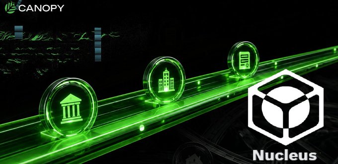 The image displays a futuristic green-toned graphic featuring a conveyor-like pathway with circular icons depicting a bank/building, a cityscape, and a document, alongside the "Canopy" logo and the "Nucleus" branding, symbolizing infrastructure and development layers. It visually reinforces the post's message about CNPY Network providing streamlined infrastructure so developers can focus on building Web3 products rather than grappling with complexity.