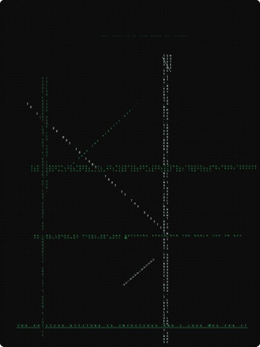 An ASCII art graph on a black background displaying the quote 'THE POSITIVE ATTITUDE IS INFECTIOUS AND I LOVE WHO FOR IT'.