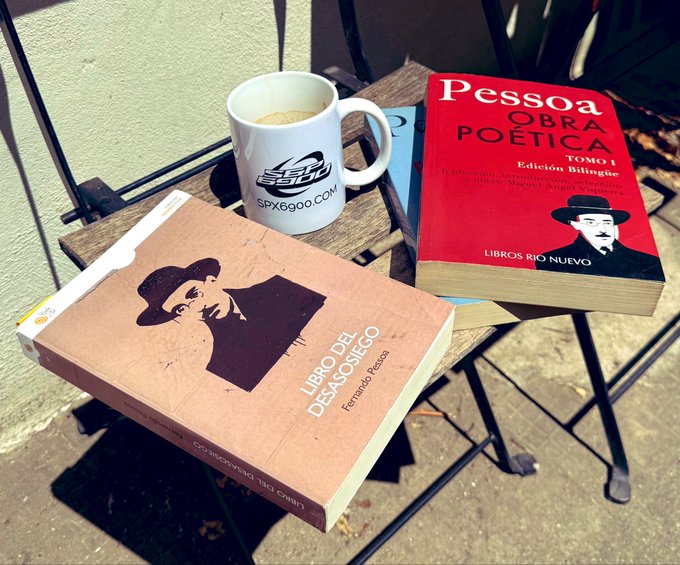 Two books by Fernando Pessoa ('Libro del Desasosiego' and 'Obra Poética Tomo 1 Edición Bilingüe') resting on a metal table next to a white coffee mug branded with 'SPX6900.COM' and a basketball-style logo.