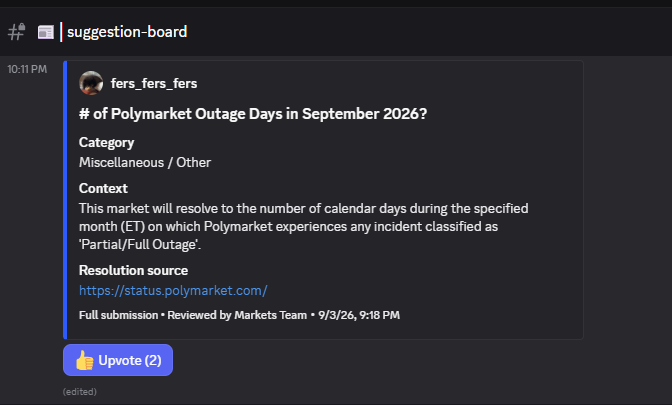 Discord channel screenshot of a suggestion-board where user 'fers_fers_fers' proposed a Polymarket for '# of Polymarket Outage Days in September 2026?', reviewed by the Markets Team.
