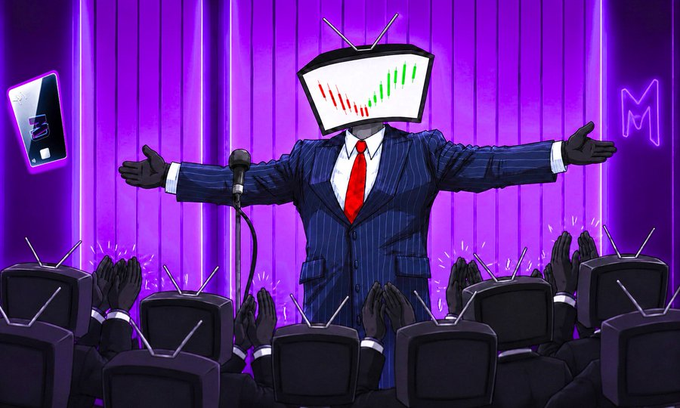 A stylized digital illustration of a figure in a blue pinstripe suit and red tie, with a retro television displaying a stock chart for a head, standing before an audience of TV-headed followers on a purple stage.