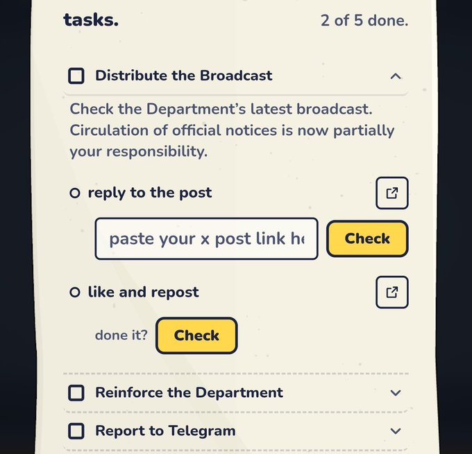 Screenshot of a task interface showing '2 of 5 done' with a checked box for 'Distribute the Broadcast' containing sub-tasks like 'reply to the post' and 'like and repost' with yellow 'Check' buttons.