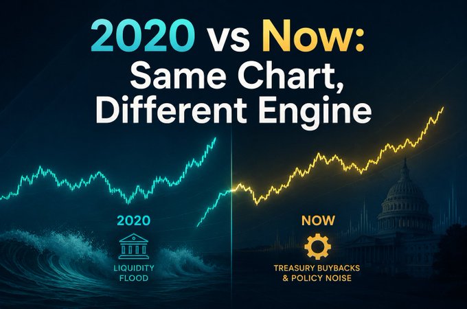 An infographic titled '2020 vs Now: Same Chart, Different Engine' comparing two line charts with '2020' labeled 'LIQUIDITY FLOOD' and 'NOW' labeled 'TREASURY BUYBACKS & POLICY NOISE'.