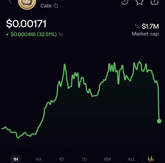 A 1-hour price chart of the "$CATE" token showing a price of $0.00171 with a 32.51% gain (+$0.000418), but a sharp cliff-edge drop at the end of the timeframe—visually illustrating the "ETH eats it" theme of sudden collapse. Market cap displayed at $1.7M.