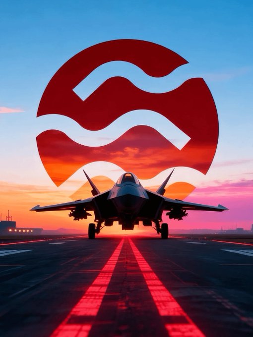 A futuristic fighter jet sits on a runway against a vibrant sunset sky, with a large red logo resembling stylized waves superimposed over the scene and 'XRPL 3.4.0' text at the bottom.