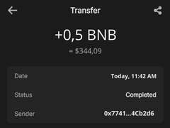 A screenshot of a completed crypto transfer showing "+0,5 BNB ($344.09)" sent to address 0x7741...4Cb2d6, serving as proof-of-payment to support the airdrop claim of receiving 100% CHINA rewards for sending 0.5 BNB or more.