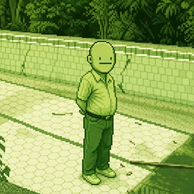 A pixelated, green-tinted retro-style illustration of a smiling bald figure in a polo shirt and pants standing on a tiled path near a brick wall.