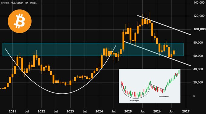 A Bitcoin (BTC/USD) monthly candlestick chart showing a large Cup & Handle pattern, with the rounded bottom forming between 2021–2024 and the handle consolidating within a $55k–$85k zone, pointing toward a $140,000 target as indicated by the upper trendline. The inset diagram illustrates the classic Cup & Handle formation with defined "Cup Depth" and "Handle Low," reinforcing the bullish technical setup highlighted in the post.