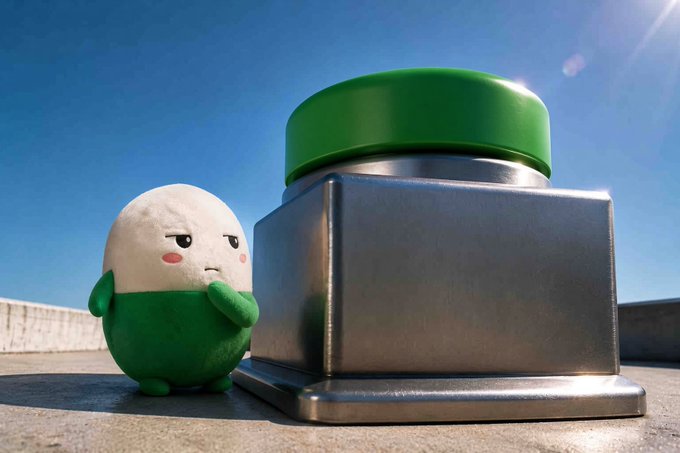 A small round plush character with an egg-shaped head and green body stands next to a large metal container with a green lid under a bright sky.