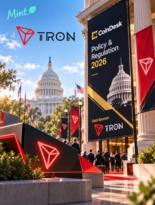A promotional image showing TRON as a Gold Sponsor for CoinDesk Policy & Regulation 2026, displayed on a banner near the US Capitol building.