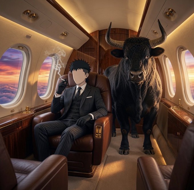 A surreal digital illustration shows a faceless man in a pinstripe suit smoking a cigar in a private jet, accompanied by a large black bull, with a sunset visible through the windows.