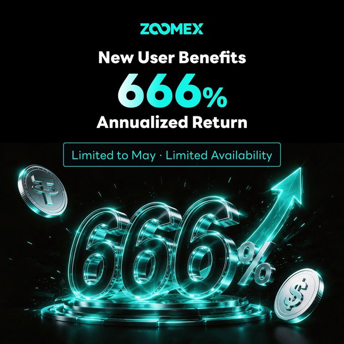 The image features a promotional poster for a cryptocurrency called "Zoomex". The poster displays three numbers written out in green letters that represent 666%. It also includes an arrow pointing upwards, symbolizing growth or progress. The background of the poster is black, which contrasts with the vibrant green numbers and arrow. The text on the poster announces limited availability of the new user benefits for a specific period, starting from May 15th to May 31st.