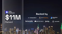 The image showcases a promotional graphic for City Protocol, highlighting their $11M total raised, with an array of notable investors displayed at the bottom including OKX Ventures, CMCC Global, Cryptocastle, Foresight, BitScale, Kiraana, Jump Crypto, and Coinbase Ventures, set against a nighttime city skyline backdrop.