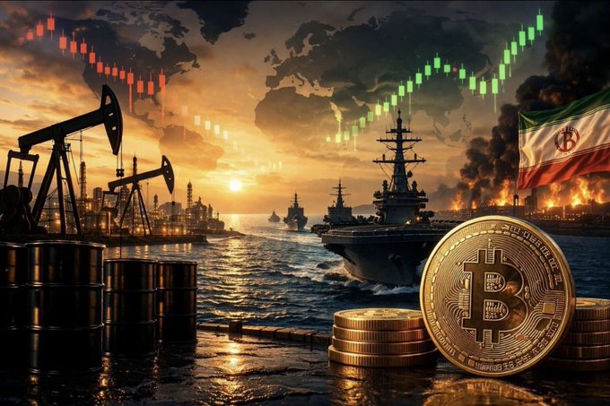 A dramatic scene depicting oil rigs, naval warships, a Bitcoin coin, gold coins, the Iranian flag, candlestick trading charts, and a world map backdrop.
