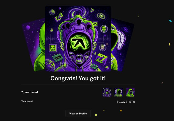 A digital NFT collection screen celebrating a successful purchase of 7 "PIX" items from artist @pixelord for a total of 0.1323 ETH, with "Congrats! You got it!" displayed beneath vibrant purple and green cosmic artwork featuring astronauts. The image illustrates the user's enthusiastic sweep of the Pixelord NFT collection on OpenSea as described in their post.