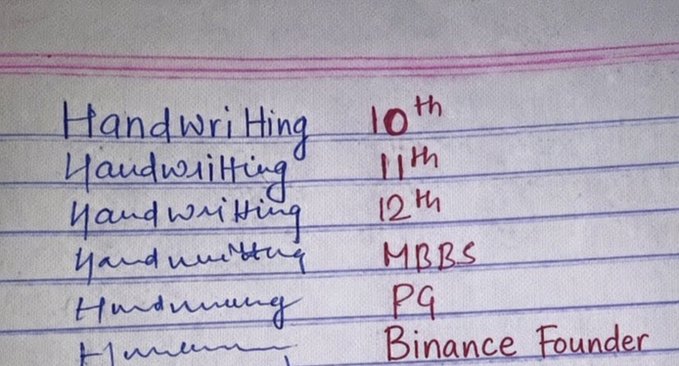 A humorous handwritten note in blue ink showing progressively worse spelling of 'Handwriting' down to 'Handwuing', with corresponding red text going from '10th' down to 'Binance Founder'.