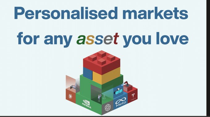 A promotional graphic reading "Personalised markets for any asset you love" features a colorful stack of building blocks displaying logos of notable companies including NVIDIA, Meta, and Tesla. The image ties to the post's goals by visually emphasizing the breadth of assets ("any asset you love") that the LONG platform aims to offer, while the familiar tech brand logos hint at the targeted GTM campaign to bring non-crypto-native retail traders into the space.